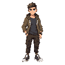 a cool male game character in 3d sprite style, semi-realistic with slightly cartoon proportions, heroic posture, confident expression. short stylish hair with faded sides, sharp eyebrows, and expressive eyes. wearing a modern street outfit: hoodie jacket,