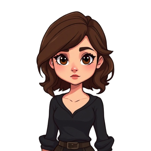 stylized 2d main character nastya: young woman lost in a fairy-tale world after bandits kidnap her husband. calm, resilient, ironic. slender, brown wavy hair, simple dark outfit. indie semi-realistic style, full body.