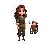 stylized 2d main character nastya: young woman lost in a fairy-tale world after bandits kidnap her husband. calm, resilient, ironic. slender, brown wavy hair, simple dark outfit. indie semi-realistic style, full body.