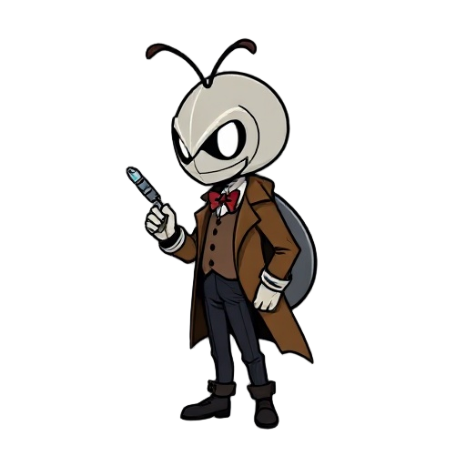 hollow knight style character sprite, side view, inspired by the 11th doctor from doctor who (matt smith), small chibi bug-like knight, wearing a brown tweed jacket, white shirt, red bow tie, dark trousers, holding a sonic screwdriver, simple glowing eyes