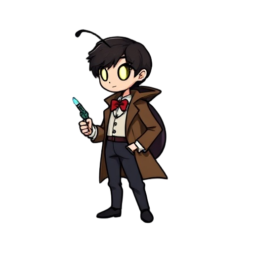 hollow knight style character sprite, side view, inspired by the 11th doctor from doctor who (matt smith), small chibi bug-like knight, wearing a brown tweed jacket, white shirt, red bow tie, dark trousers, holding a sonic screwdriver, simple glowing eyes