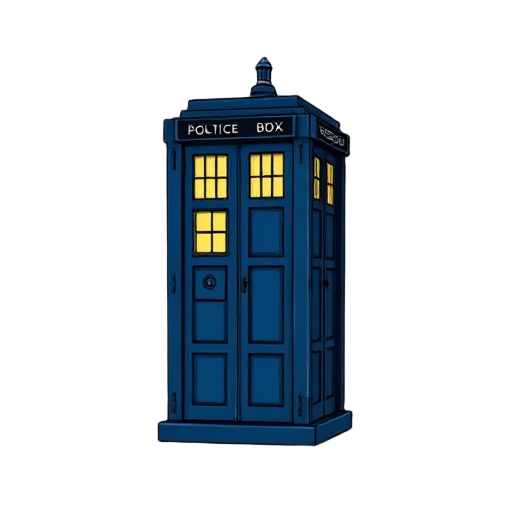 tardis from doctor who in hollow knight art style, side view, small stylized blue police box, simple cartoon proportions, thick black outlines, flat colors with soft shading, slightly worn and mysterious look, dark fantasy atmosphere, glowing windows, min