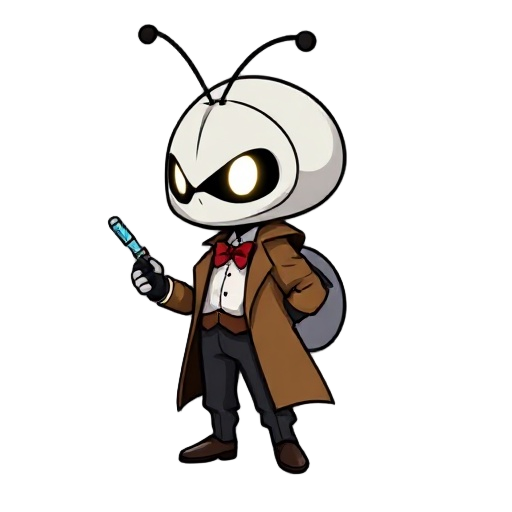 hollow knight style character sprite, side view, inspired by the 11th doctor from doctor who (matt smith), small chibi bug-like knight, wearing a brown tweed jacket, white shirt, red bow tie, dark trousers, holding a sonic screwdriver, simple glowing eyes