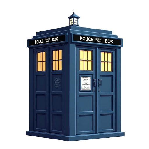 tardis from doctor who in hollow knight art style, side view, small stylized blue police box, simple cartoon proportions, thick black outlines, flat colors with soft shading, slightly worn and mysterious look, dark fantasy atmosphere, glowing windows, min