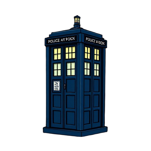tardis from doctor who in hollow knight art style, side view, small stylized blue police box, simple cartoon proportions, thick black outlines, flat colors with soft shading, slightly worn and mysterious look, dark fantasy atmosphere, glowing windows, min