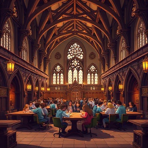 hogwarts great hall like in the films with students on the tables
