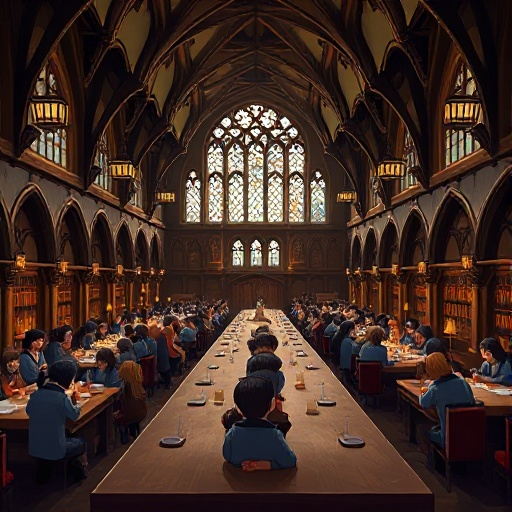 hogwarts great hall like in the films with students on the longtables