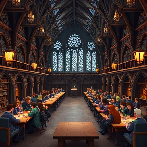hogwarts great hall like in the films with students on the longtables