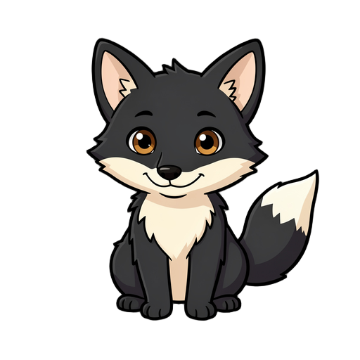 a small black fox named chris, designed in a cozy, storybook cartoon style.  chris is a young fox with soft, fluffy black fur, a cream-colored chest, inner ears, and a white-tipped tail. he has large, warm amber-brown eyes that feel curious and kind, a sm