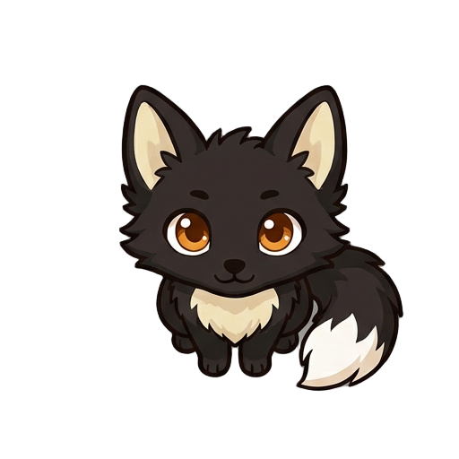a small black fox named chris, designed in a cozy, storybook cartoon style.  chris is a young fox with soft, fluffy black fur, a cream-colored chest, inner ears, and a white-tipped tail. he has large, warm amber-brown eyes that feel curious and kind, a sm