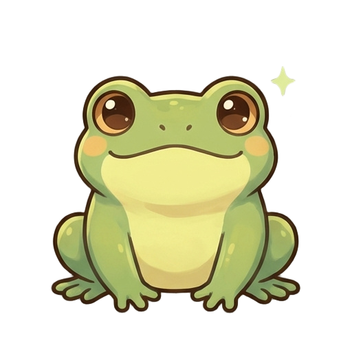 a small green frog named freya, designed in the same cozy, storybook cartoon style as chris the little black fox.  freya has smooth, soft green skin with lighter yellow-green tones on her belly and cheeks. she has large, warm brown eyes with a friendly sp