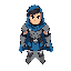 crie uma heroi de armadura, com capa azul, e cabelo preto