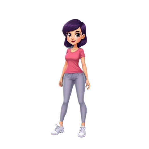 mujer con cabello color morado,  camisa color rosa, pantalor color mesclilla, y tenis blancos