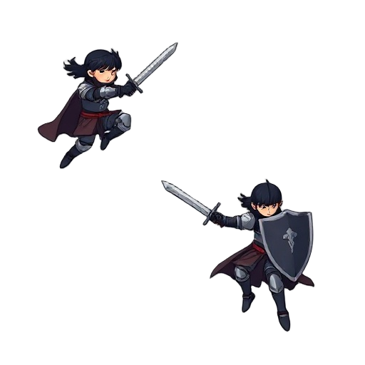 top-down: dark knight, black hair, full armor (no helm) jumping l->r. 5 frames showing takeoff to landing impact. broadsword/kite shield held. subtle effort. ro style, 128x128px sprite