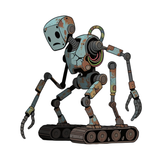 a weak scavenger robot in a far-future post-civilization world. non-humanoid, non-bipedal body built around a low, compact chassis. moves on treads, multiple spindly legs, or uneven mechanical supports. asymmetrical silhouette made from mismatched salvage