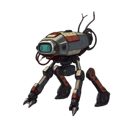 a weak scavenger robot in a far-future post-civilization world. non-humanoid, non-bipedal body built around a low, compact chassis. moves on treads, multiple spindly legs, or uneven mechanical supports. asymmetrical silhouette made from mismatched salvage