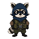a chubby, anthropomorphic raccoon thief named bandit. he wears a dark blue knitted balaclava with two holes for his ears to poke through. he is dressed in a green tactical vest overflowing with junk (paperclips, wires, a cookie). he has nimble black paws,