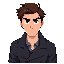 handsome man in his thirties, charismatic and confident. he has brown hair with subtle reddish tones, slightly tousled, sharp gray eyes with an intense gaze, and a subtle half-smile that suggests mystery. he wears a dark trench coat (gabardina oscura) tha