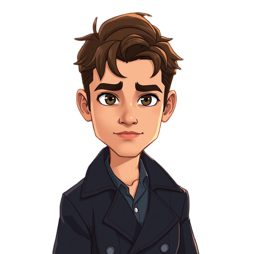 handsome man in his thirties, charismatic and confident. he has brown hair with subtle reddish tones, slightly tousled, sharp gray eyes with an intense gaze, and a subtle half-smile that suggests mystery. he wears a dark trench coat (gabardina oscura) tha