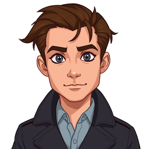 handsome man in his thirties, charismatic and confident. he has brown hair with subtle reddish tones, slightly tousled, sharp gray eyes with an intense gaze, and a subtle half-smile that suggests mystery. he wears a dark trench coat (gabardina oscura) tha