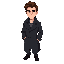 handsome man in his thirties, charismatic and confident. he has brown hair with subtle reddish tones, slightly tousled, sharp gray eyes with an intense gaze, and a subtle half-smile that suggests mystery. he wears a dark trench coat (gabardina oscura) tha