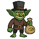 a goblin character with a tophat and a sack of gold grinning. neutral stance.