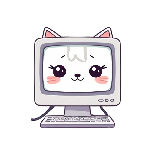 i need a computer screen inspired by those old imacs, with an extremely simple yet cute feminine face, like a kitten. you can add small cat ears. make it with different expressions, and also include a loading screen version.