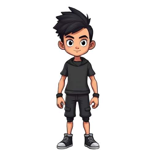 ele e um pesonagem masculino com cabelo meio bagunsado,ele e todo preto,e e uma criança.
