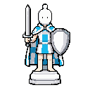 personagem peão branco de xadrez, sem pernas, com a base padrão da peça. possui braços: em uma das mãos empunha uma espada e na outra segura um escudo. nas costas, usa uma capa branca e azul com padrão xadrez intercalado.