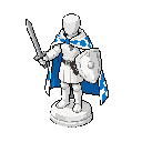 peão branco de xadrez completamente sem pernas — em seu lugar, apenas a base clássica e firme da peça. seus braços, porém, estão livres e ativos: em uma mão brande uma espada, na outra sustenta um escudo. uma capa branca e azul, com desenho xadrez interca