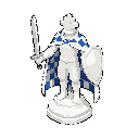peão branco de xadrez completamente sem pernas — em seu lugar, apenas a base clássica e firme da peça. seus braços, porém, estão livres e ativos: em uma mão brande uma espada, na outra sustenta um escudo. uma capa branca e azul, com desenho xadrez interca