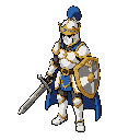 white pawn hero, young male. rounded pawn crown helmet with blue plume. chess shield. white/gold plate armor. iron sword with pawn pommel. blue chess cape. idle+walk. 8 directions. sprite sheet. transparent.