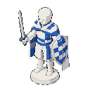 personagem peão branco de xadrez, que não tem pernas — mantendo apenas a base padrão e arredondada da peça. possui braços: em uma das mãos empunha uma espada e na outra segura um escudo. nas costas, usa uma capa branca e azul com padrão xadrez intercalado