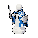 personagem peão branco de xadrez, que não tem pernas — mantendo apenas a base padrão e arredondada da peça. possui braços: em uma das mãos empunha uma espada e na outra segura um escudo. nas costas, usa uma capa branca e azul com padrão xadrez intercalado