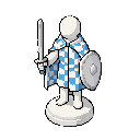 personagem peão branco de xadrez, que não tem pernas — mantendo apenas a base padrão e arredondada da peça. possui braços: em uma das mãos empunha uma espada e na outra segura um escudo. nas costas, usa uma capa branca e azul com padrão xadrez intercalado