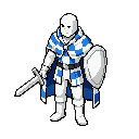 personagem peão branco de xadrez, com pernas próprias e sem a base tradicional da peça. possui braços: em uma das mãos empunha uma espada e na outra segura um escudo. nas costas, usa uma capa branca e azul com padrão xadrez intercalado.