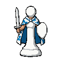 personagem peão branco de xadrez, que não tem pernas — mantendo apenas a base padrão e arredondada da peça. possui braços: em uma das mãos empunha uma espada e na outra segura um escudo. nas costas, usa uma capa branca e azul com padrão xadrez intercalado