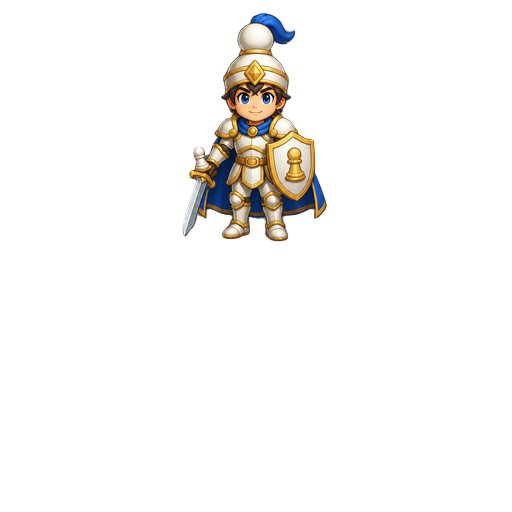 white pawn hero, young male. rounded pawn crown helmet with blue plume. chess shield. white/gold plate armor. iron sword with pawn pommel. blue chess cape. idle+walk. 8 directions. sprite sheet. transparent.