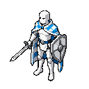 personagem peão branco de xadrez, com pernas humanoides (ou pernas articuladas) e sem a base tradicional da peça. possui braços: em uma das mãos empunha uma espada e na outra segura um escudo. nas costas, usa uma capa branca e azul com padrão xadrez inter