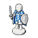 personagem peão branco de xadrez, que não tem pernas — mantendo apenas a base padrão e arredondada da peça. possui braços: em uma das mãos empunha uma espada e na outra segura um escudo. nas costas, usa uma capa branca e azul com padrão xadrez intercalado