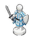 personagem peão branco de xadrez, que não tem pernas — mantendo apenas a base padrão e arredondada da peça. possui braços: em uma das mãos empunha uma espada e na outra segura um escudo. nas costas, usa uma capa branca e azul com padrão xadrez intercalado