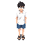 teenage boy wearing a white shirt and blue shorts, glasses, black hair, wearing black sandals