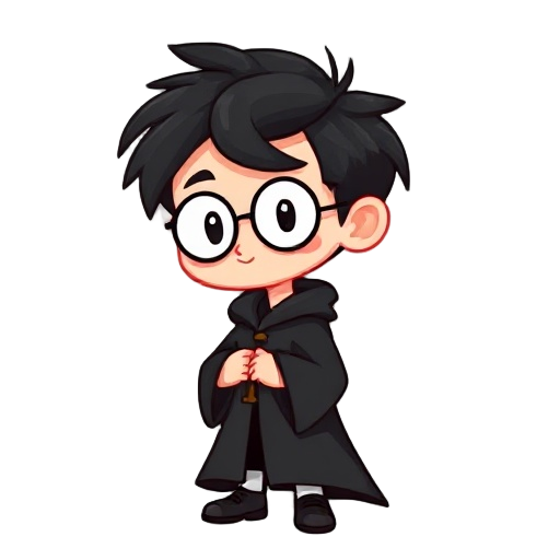 full body 2d side-view character of a young wizard boy, head to toe visible, round glasses, subtle lightning-shaped scar on his forehead, messy dark hair, wearing a black wizard robe, feet fully visible, clean background, game-ready sprite.