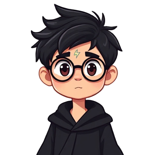 2d side-view character of a young wizard boy with round glasses, a subtle lightning-shaped scar on his forehead, messy dark hair, wearing a black wizard robe, game-ready sprite style.
