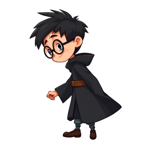 full body 2d side-view game character of a young wizard boy, facing right, head to toe visible, idle pose, holding a magic wand, round glasses, subtle lightning-shaped scar on his forehead, messy dark hair, wearing a black wizard robe, feet fully visible,