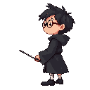 full body 2d side-view game character of a young wizard boy, facing right, head to toe visible, idle pose, holding a magic wand, round glasses, subtle lightning-shaped scar on his forehead, messy dark hair, wearing a black wizard robe, feet fully visible,