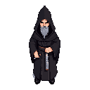 priest im black robe with two swords