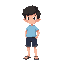 short dark hair, light blue short-sleeve shirt, dark denim shorts, simple sandals, friendly neutral expression