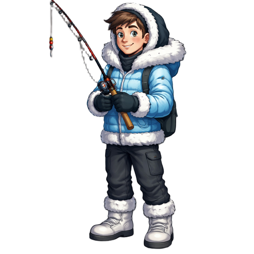 a stylized semi-realistic 2d game character of an ice fisherman,  standing in profile view, holding a fishing rod.  winter clothing: a light blue padded jacket with white fur trim,  dark gray pants, white winter boots with fur lining, black gloves. short 
