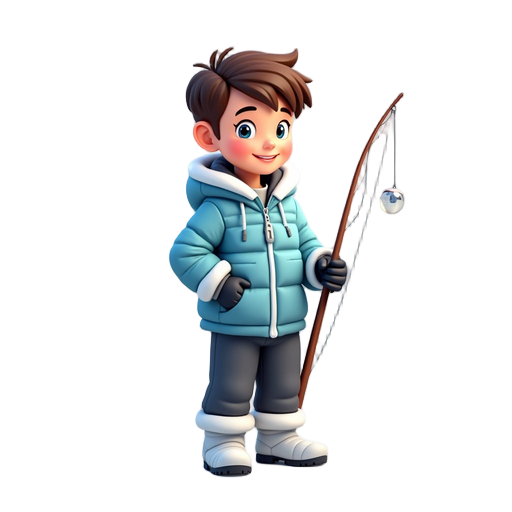 a stylized semi-realistic 2d game character of an ice fisherman,  standing in profile view, holding a fishing rod.  winter clothing: a light blue padded jacket with white fur trim,  dark gray pants, white winter boots with fur lining, black gloves. short 